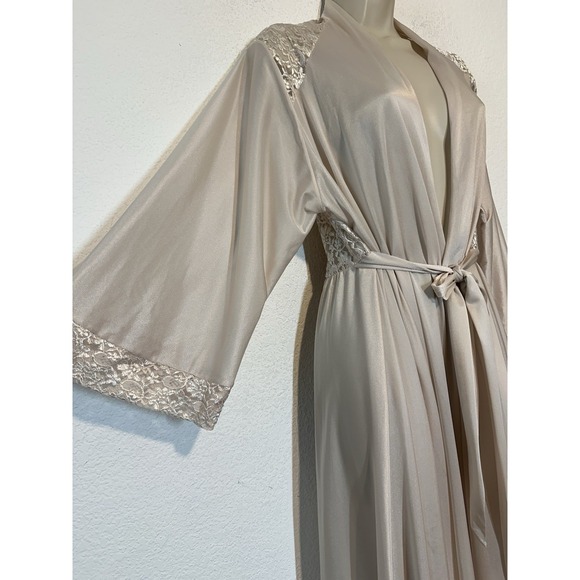 VTG 90s Olga Robe Womens XL Pale Pink Belted Nylon Long Maxi Lace Back - Picture 3 of 10